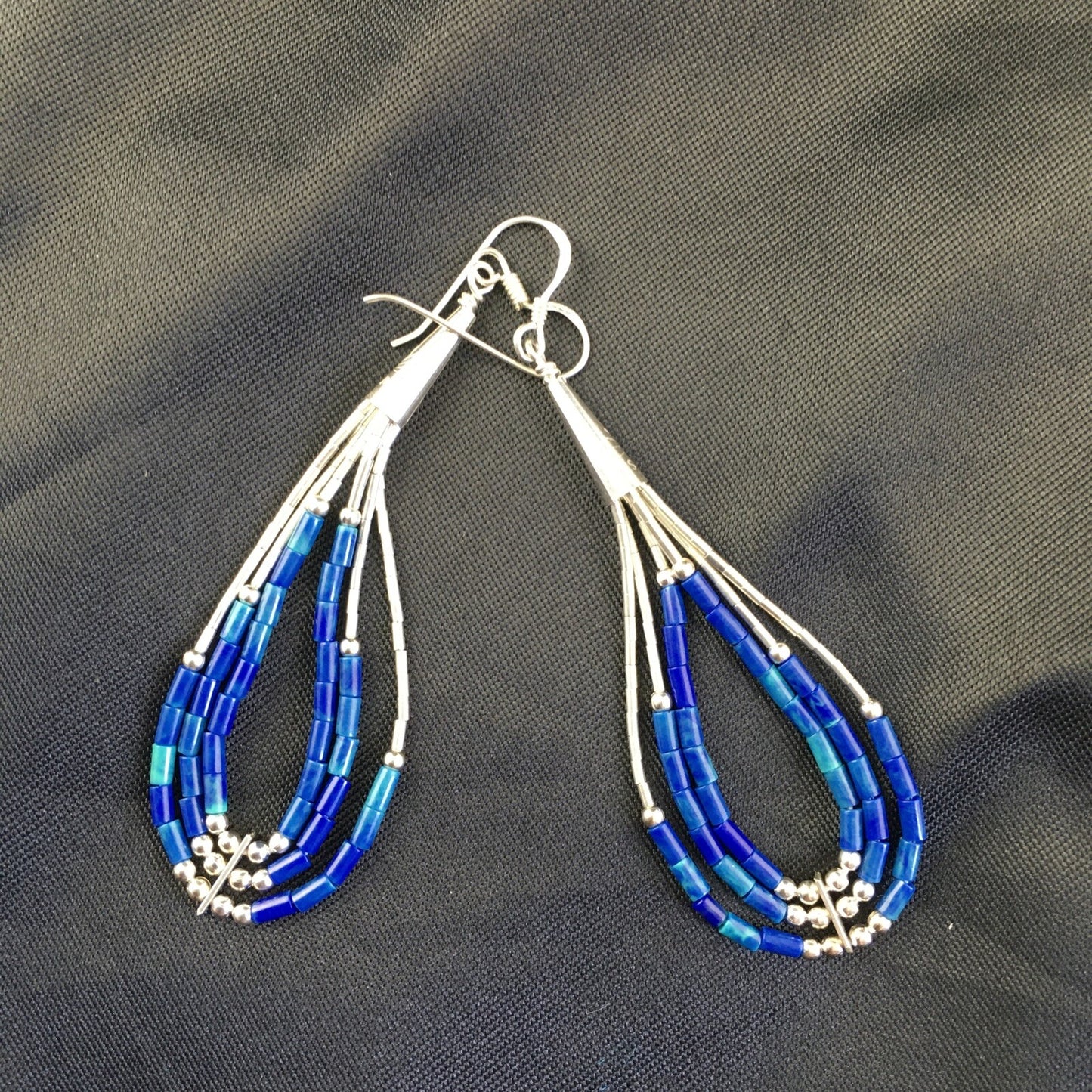 Blue Lapis 3 Strand Heishi Liquid Sterling Silver Dangle Earrings 2013