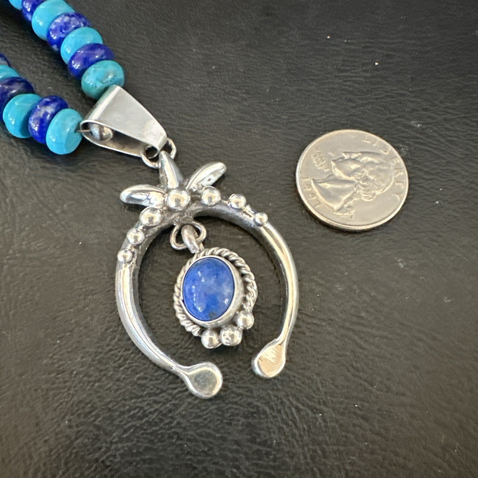 Blue Denim Lapis Turquoise Naja Pendant Navajo Sterling Silver Necklace 21"17688