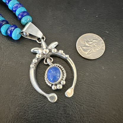Blue Denim Lapis Turquoise Naja Pendant Navajo Sterling Silver Necklace 21"17688