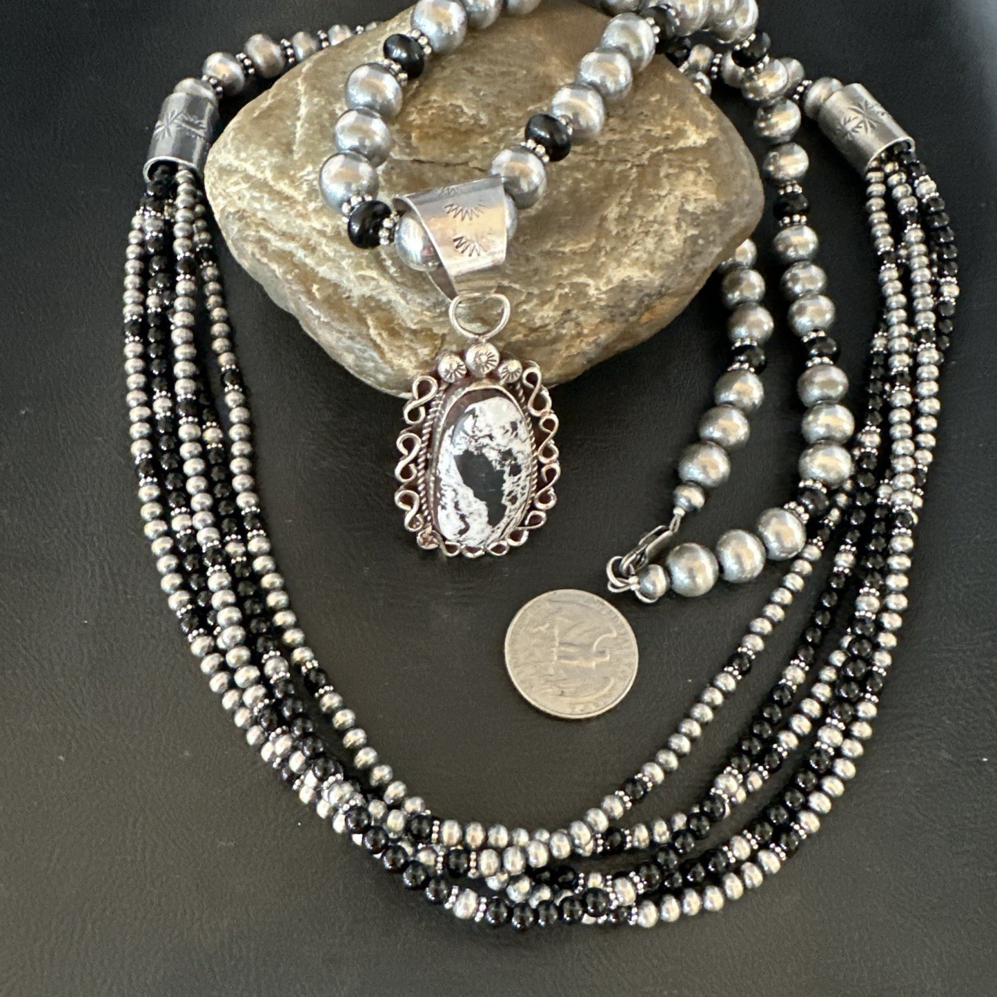 White Buffalo Black Onyx Sterling Silver Navajo Pearls Strand Necklace Set 19020