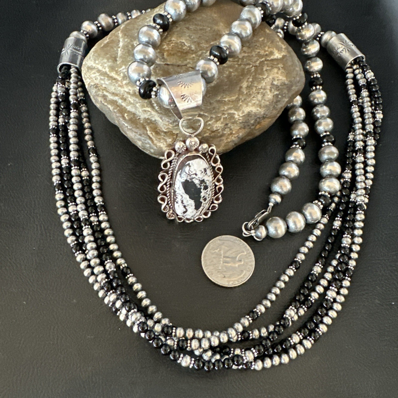 White Buffalo Black Onyx Sterling Silver Navajo Pearls Strand Necklace Set 19020