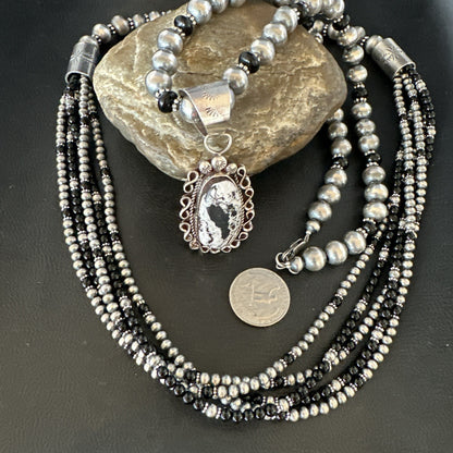 White Buffalo Black Onyx Sterling Silver Navajo Pearls Strand Necklace Set 19020