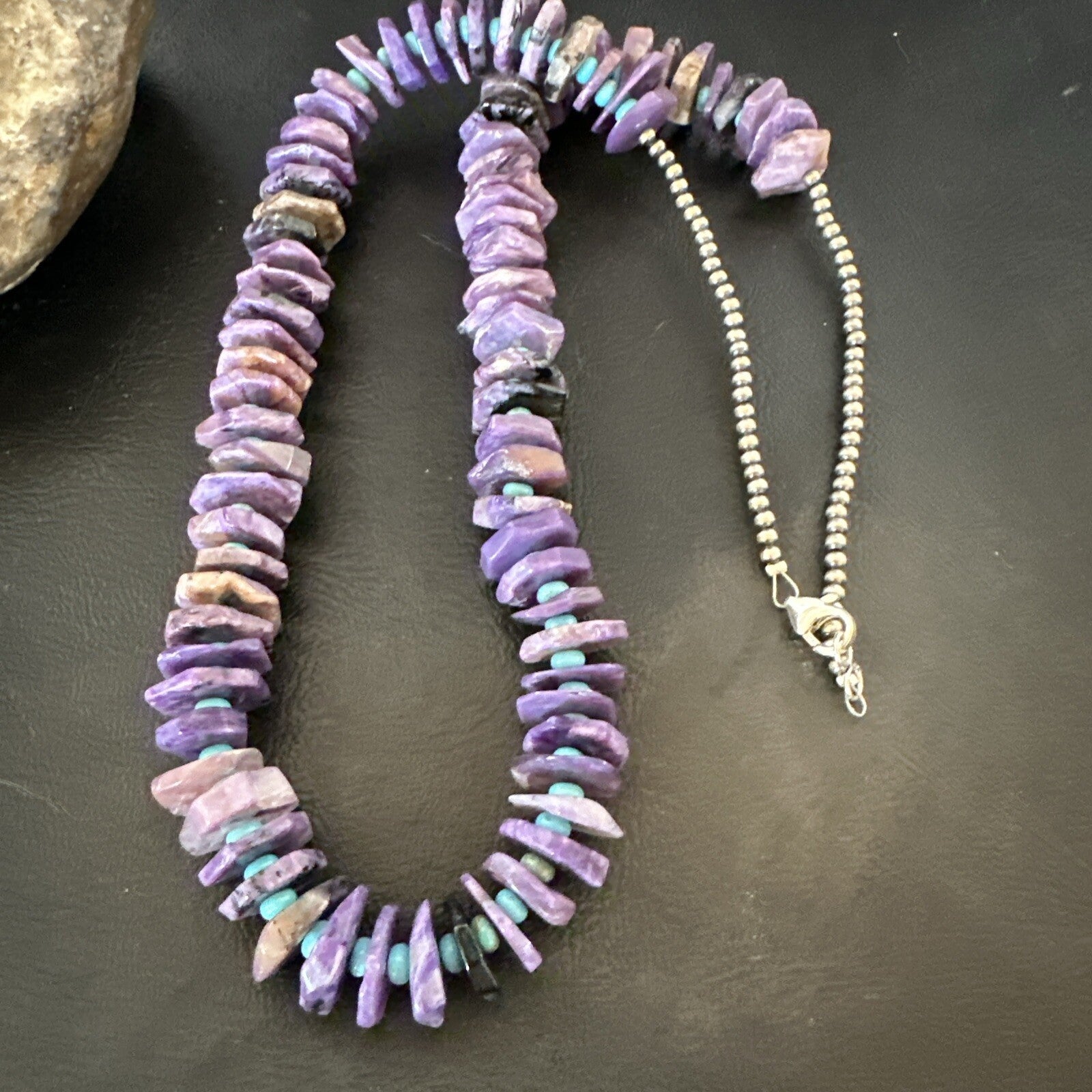 Popular Purple Charoite Blue Turquoise Navajo Sterling Silver Necklace 23” 18053