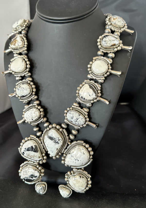 White Buffalo Turquoise Pendant Navajo Squash Necklace | Sterling Silver | Authentic Native American Handmade | 19305