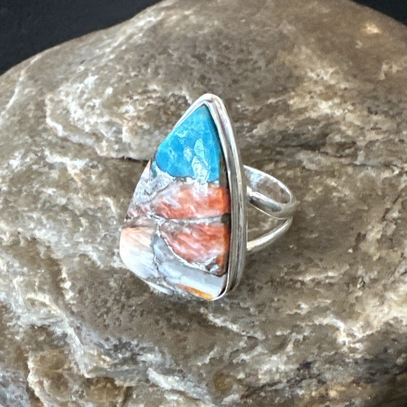 Blue Turquoise Spiny Oyster Southwestern Sterling Silver Ring Size 6 18470