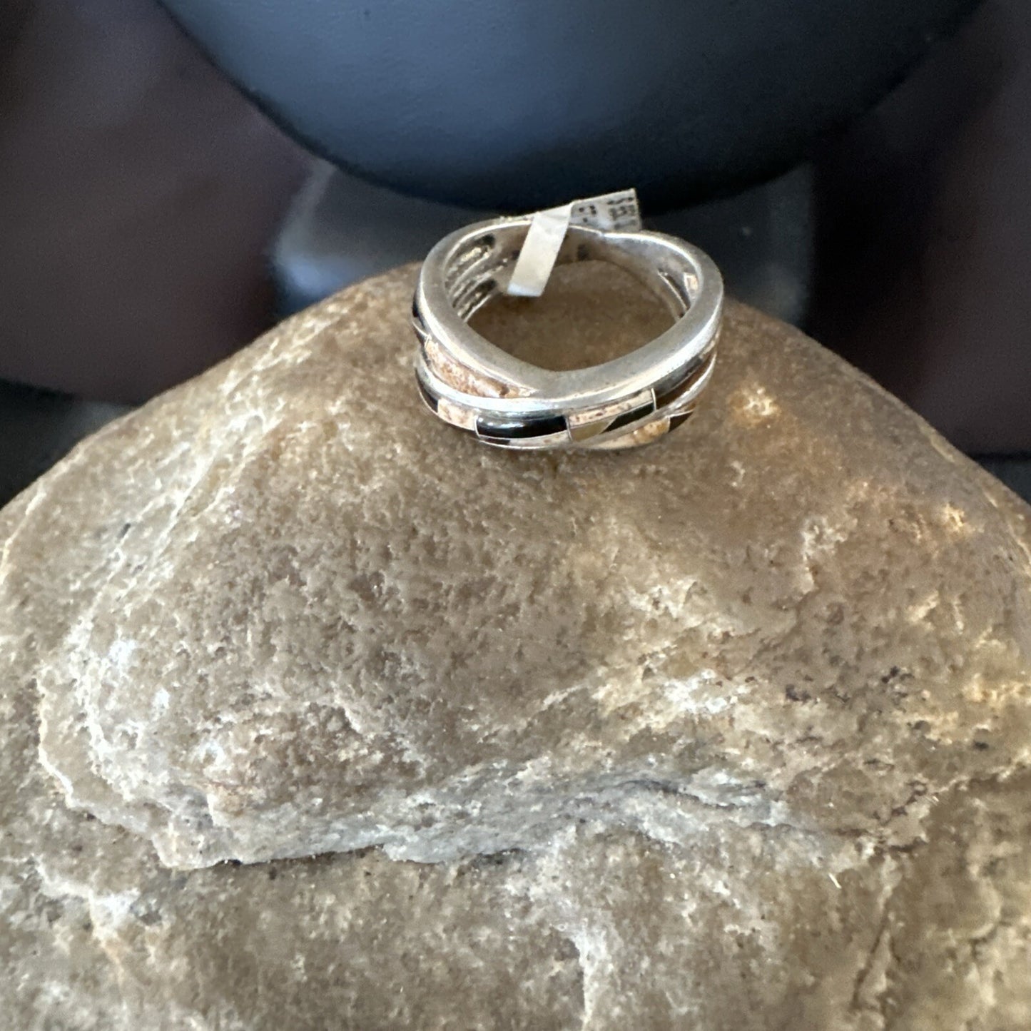 Navajo Black Onyx Tiger's Eye Inlay Sterling Ring Size 5.5 18702