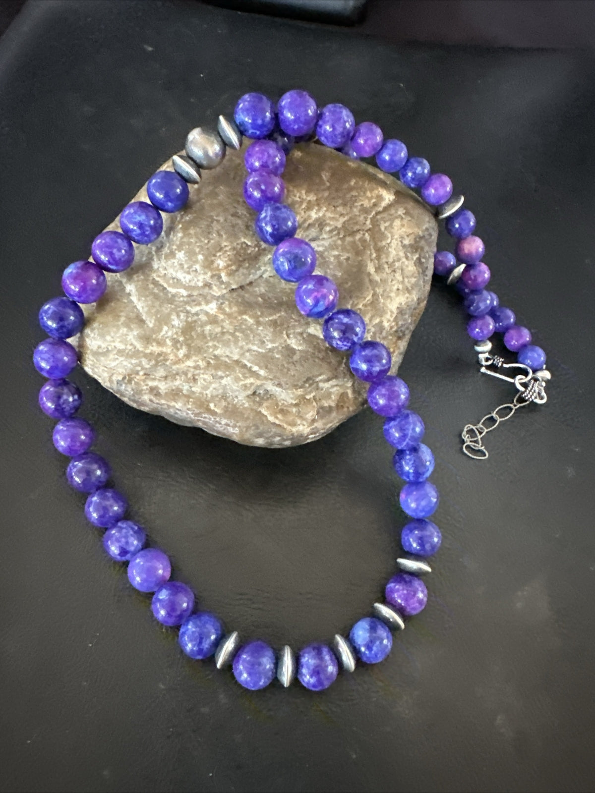 10mm Royal  Purple Stone Bead Navajo Sterling Silver Necklace 24” 17922