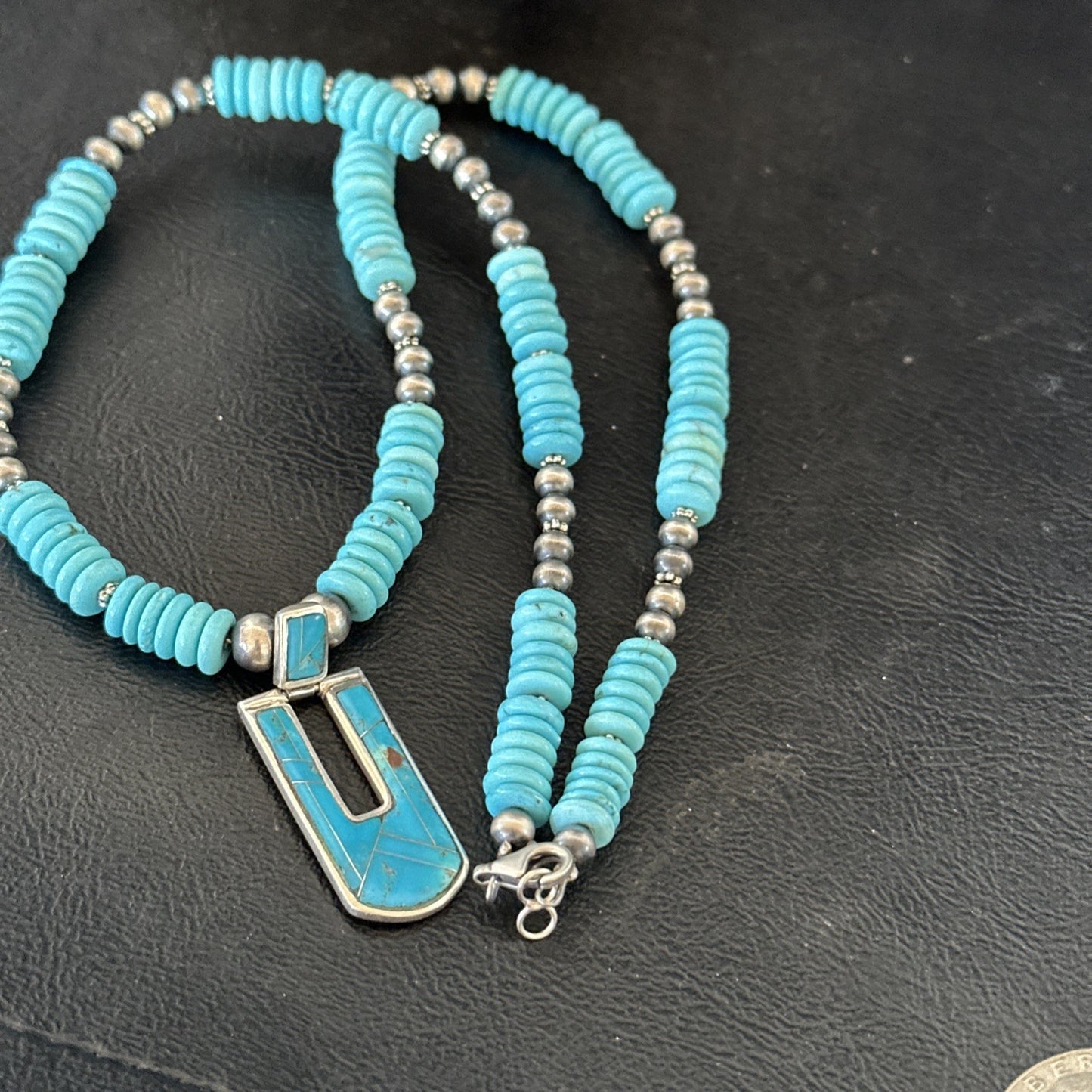Blue Turquoise Inlay Pendant Navajo Sterling Silver Necklace 20" 19712