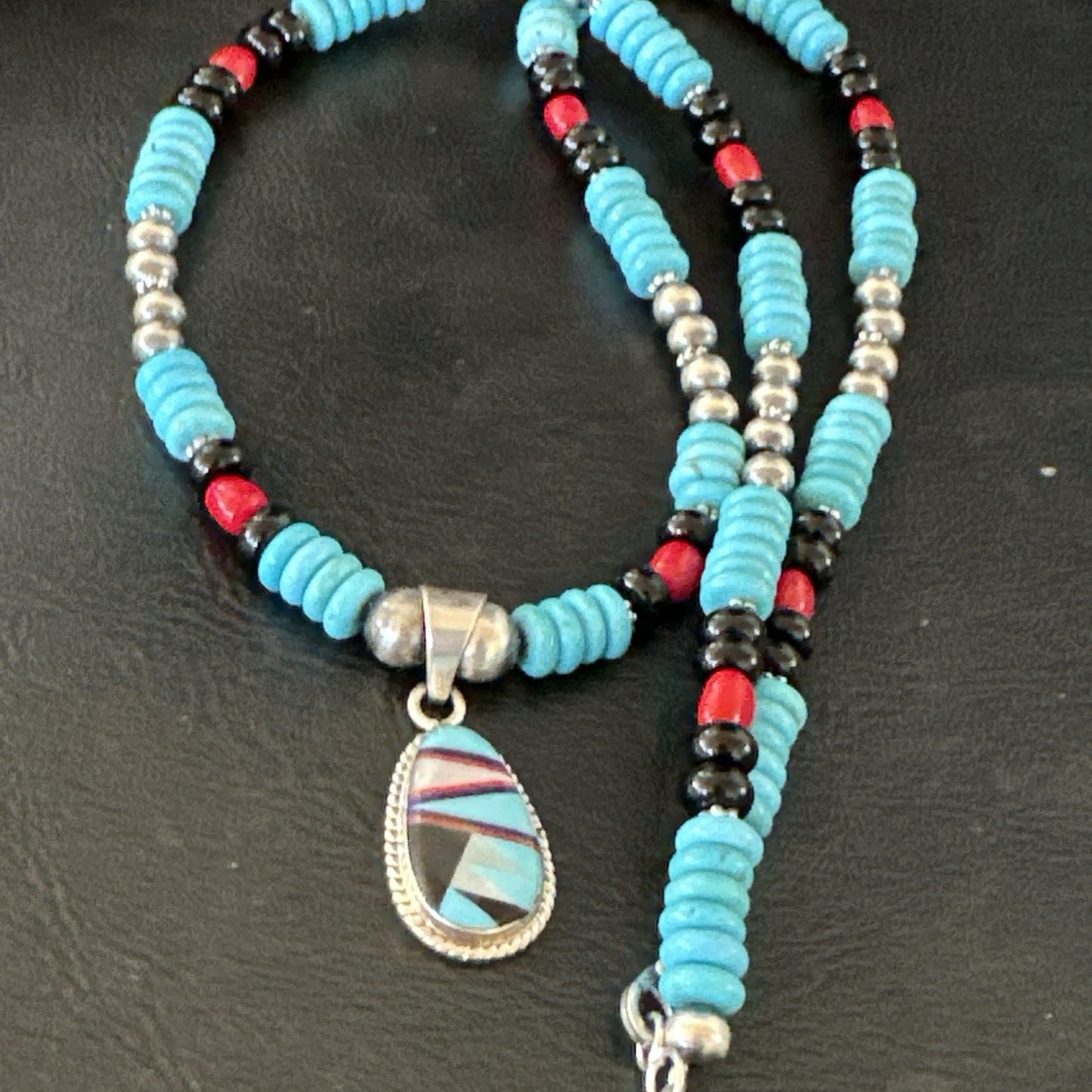 Multicolor Turquoise Coral Navajo Sterling Silver Inlay Pendant Necklace 19648