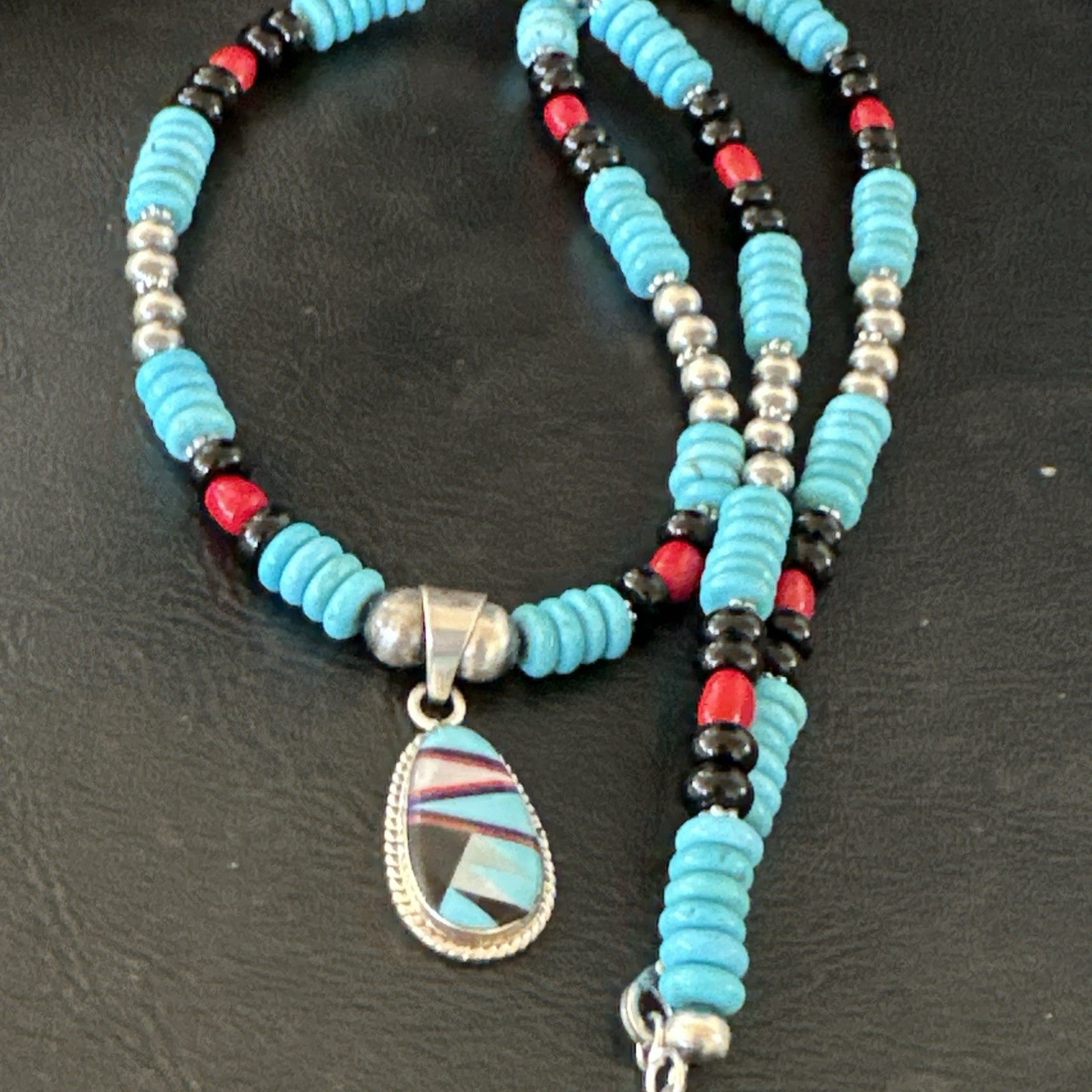 Multicolor Turquoise Coral Navajo Sterling Silver Inlay Pendant Necklace 19648