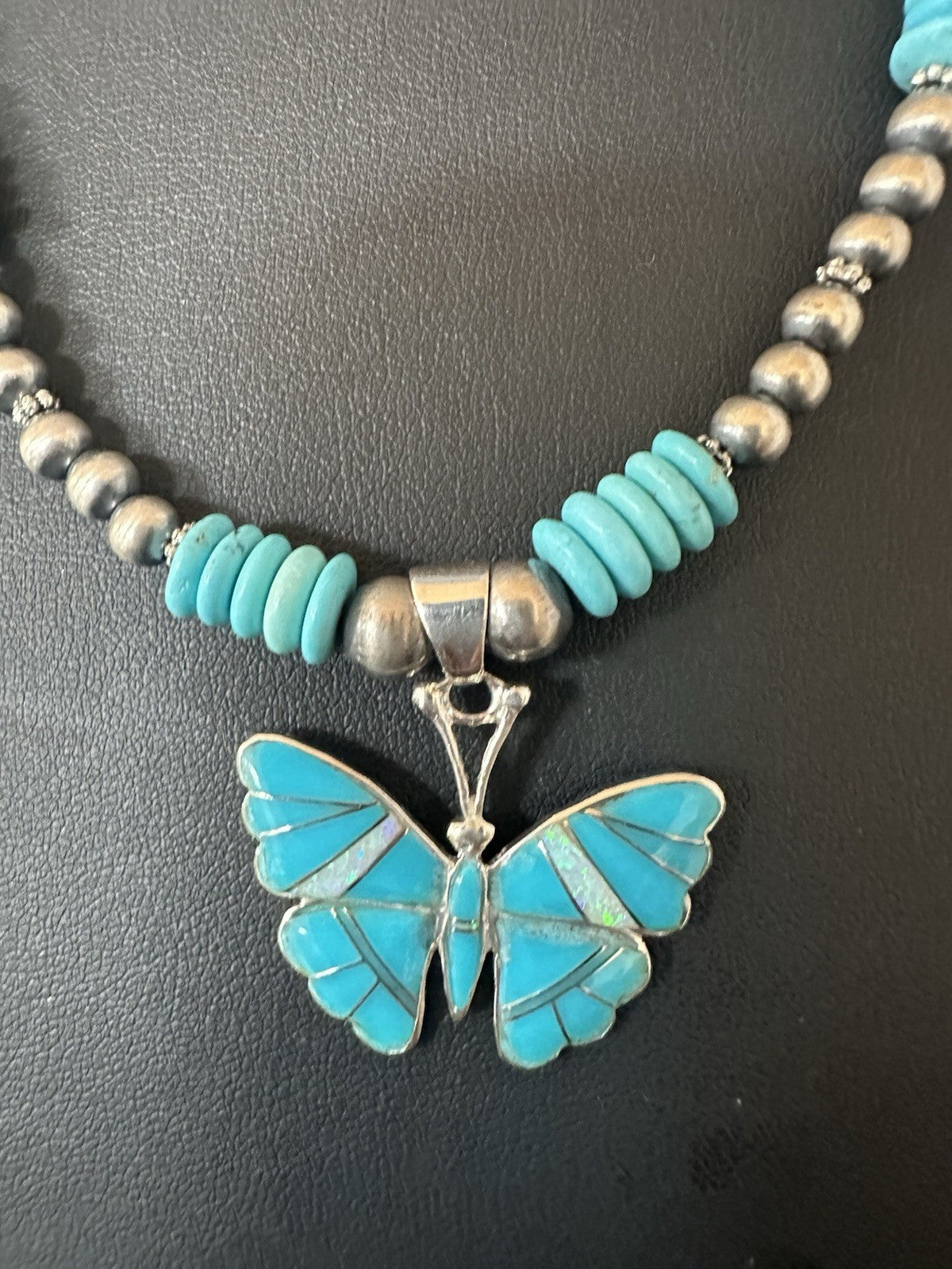 Butterfly Blue Turquoise Opal Pendant Navajo Sterling Silver Necklace 19511