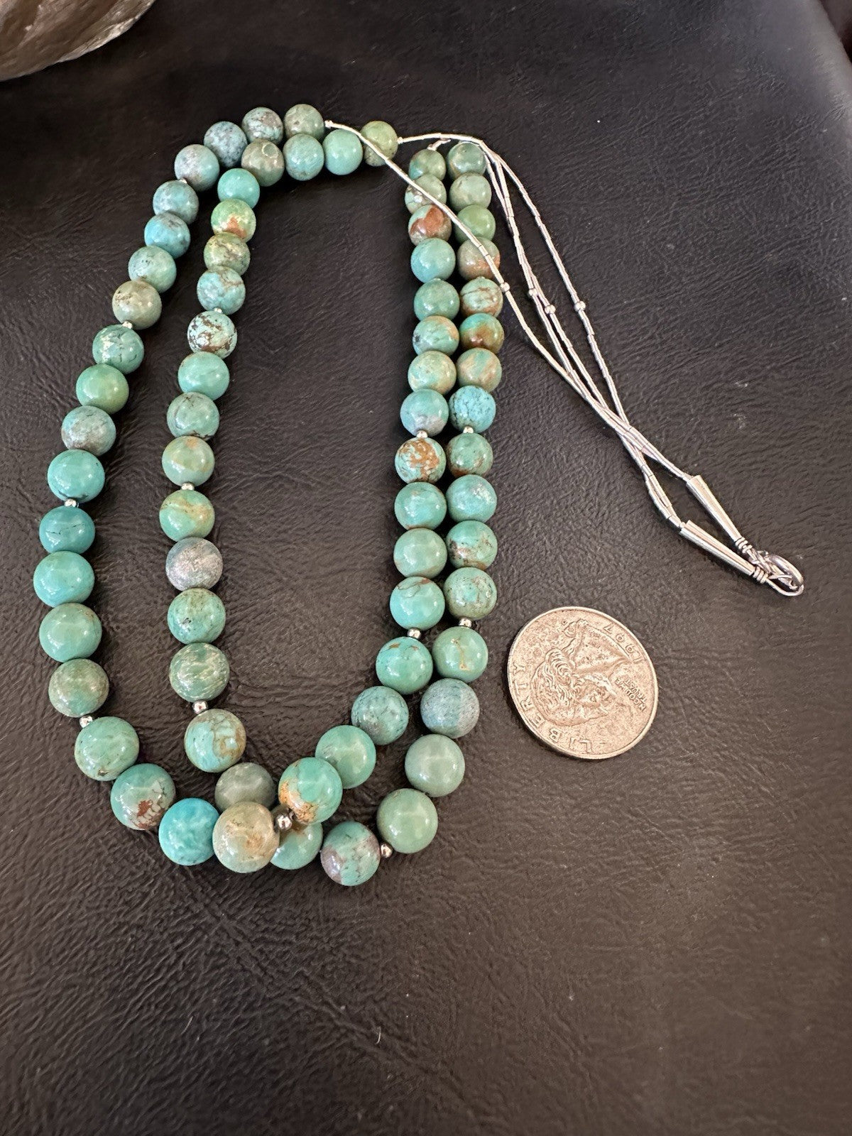 Native Turquoise Bead 2 Strand Navajo Sterling Silver Necklace 22” 19464