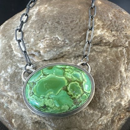 Navajo Sterling Silver Chain Green Turquoise Necklace Pendant 20" 11839