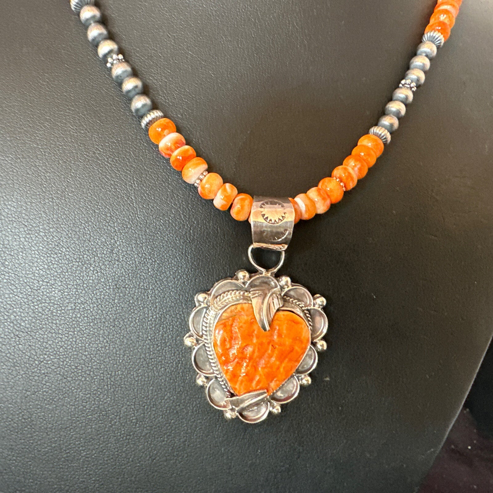 Orange Spiny Oyster Heart Pendant Navajo Sterling Silver Necklace Halloween16293