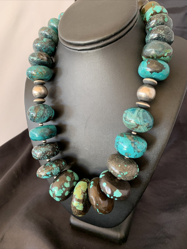 Blue Turquoise Chunky Graduated Navajo Beads Necklace | Sterling Silver | Authentic Native American Handmade | 11381