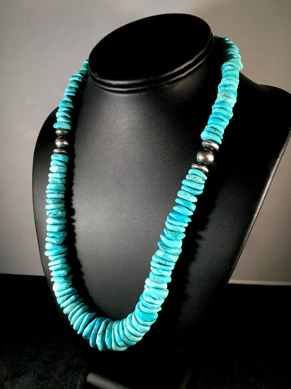 Navajo Blue Turquoise Necklace 21" | Sterling Silver | Authentic Native American Handmade | 10078