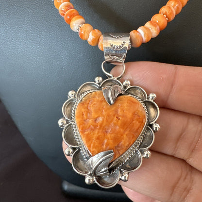Orange Spiny Oyster Heart Pendant Navajo Sterling Silver Necklace Halloween16293