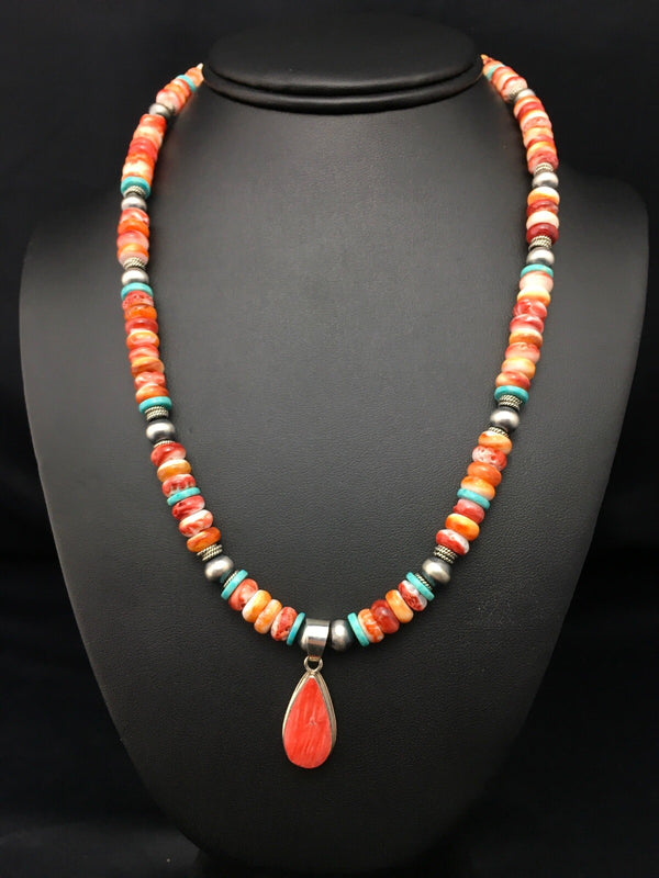 Spiny Oyster Pendant Turquoise Navajo Necklace 19" | Sterling Silver | Authentic Native American Handmade | 4522