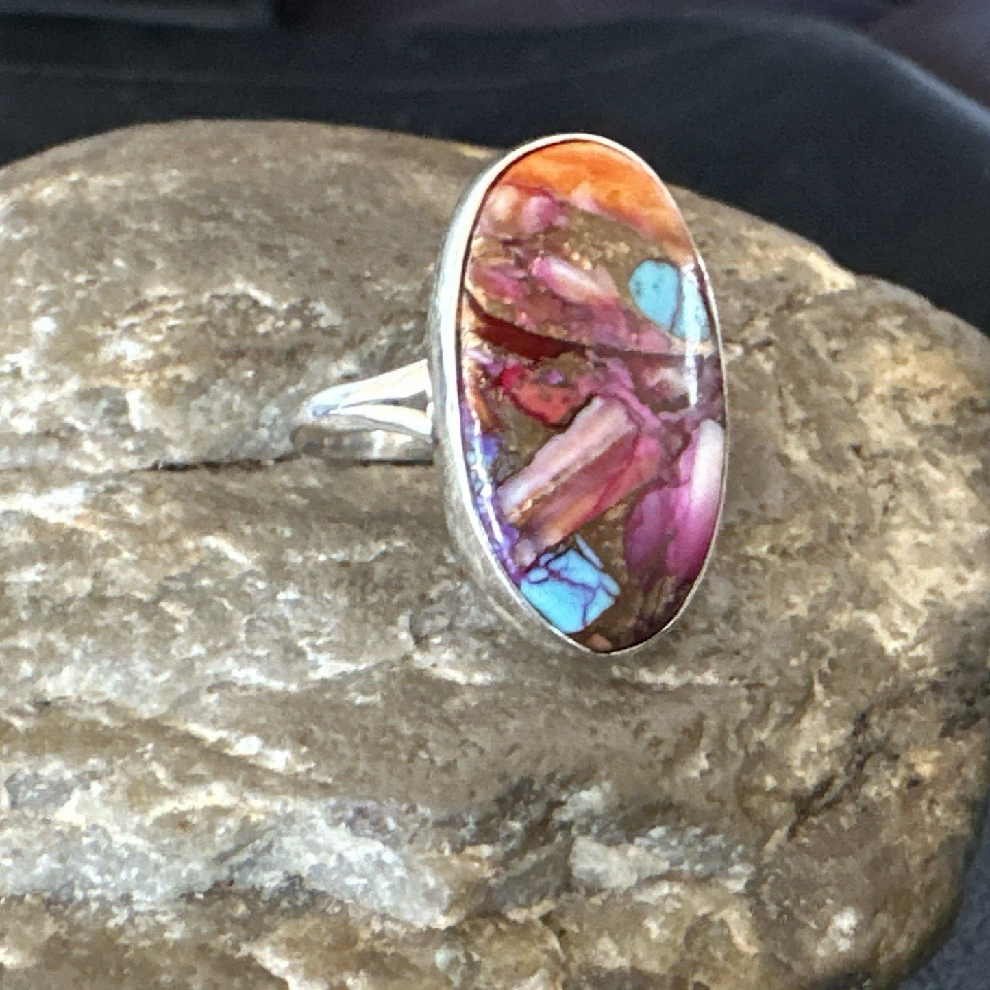Blue Turquoise Spiny Oyster Southwestern Sterling Silver Ring Size 8 18429