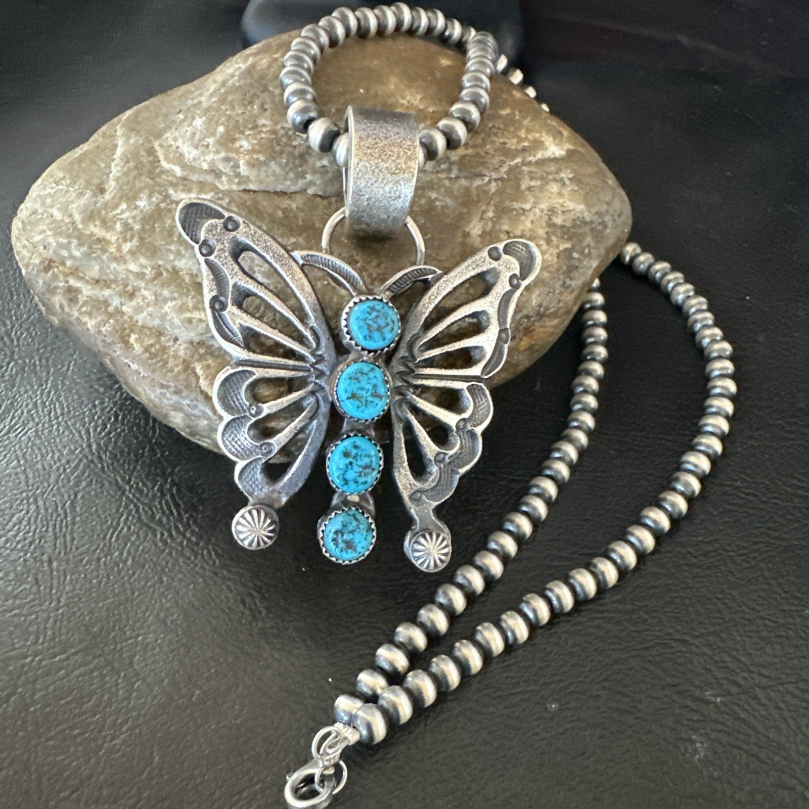 Butterfly Blue Kingman Turquoise Pendant Navajo Sterling Silver Necklace 19296