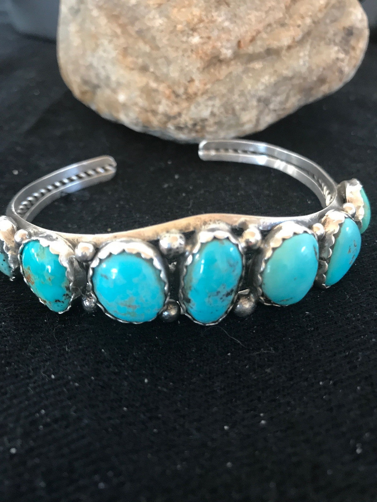 Native Turquoise Navajo Sterling Silver 7 Stone Bracelet Platero 08309