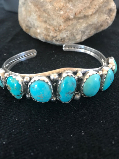 Native Turquoise Navajo Sterling Silver 7 Stone Bracelet Platero 08309
