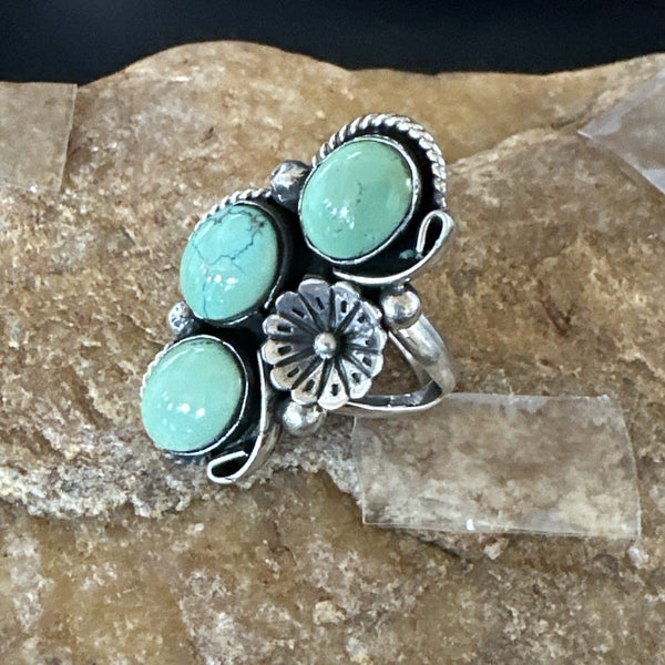 Yazzie Ring Green Turquoise Navajo Cluster Size 9 | Sterling Silver | Authentic Native American Handmade | 19216