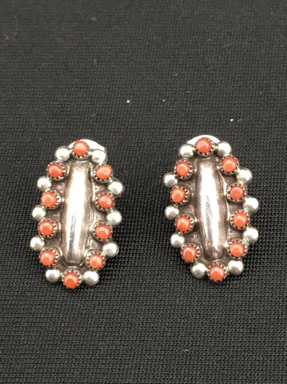 Red Coral Zuni Cluster Sterling Silver Earrings 0.75" 01094