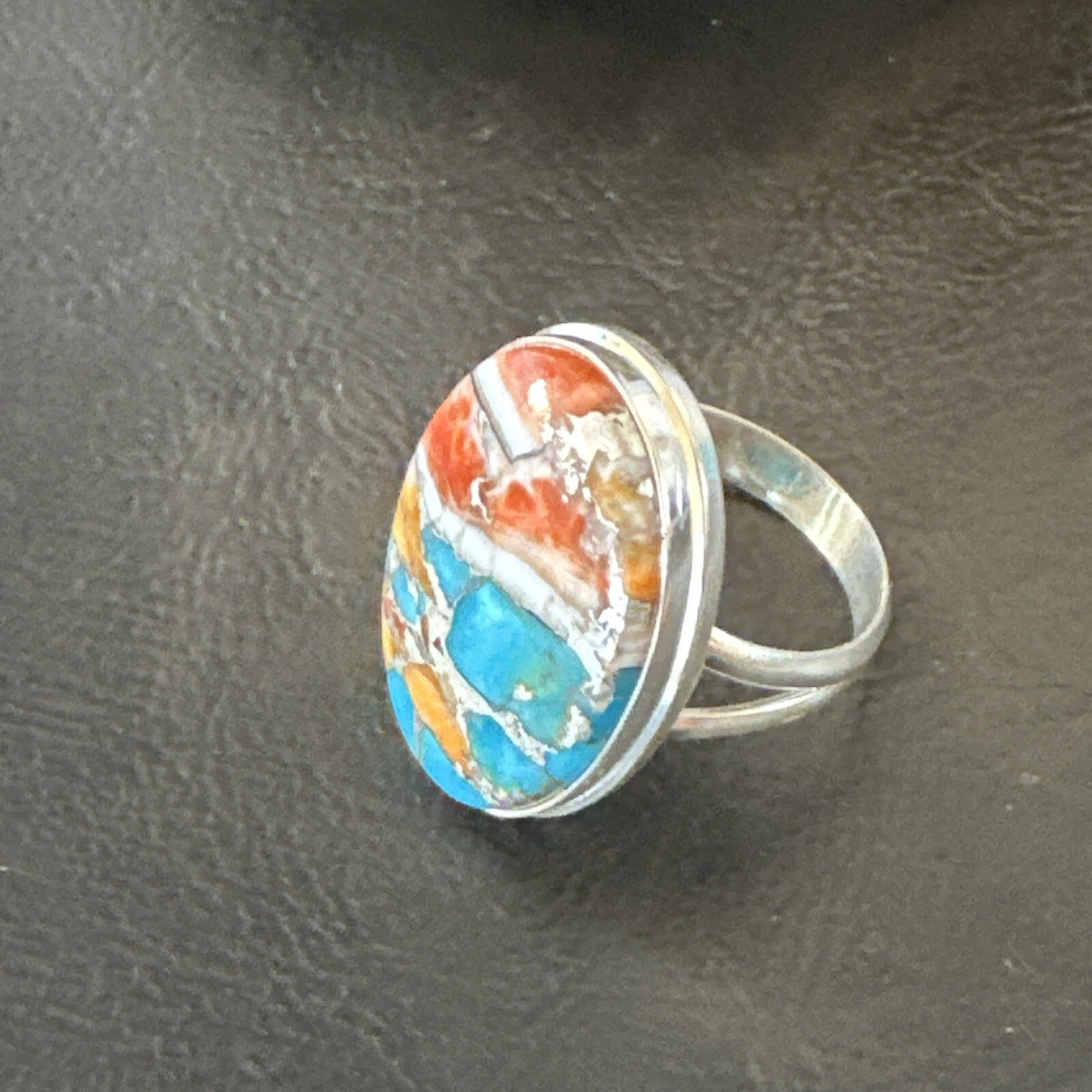 Blue Turquoise Spiny Oyster Southwestern Sterling Silver Ring Size 9 18461
