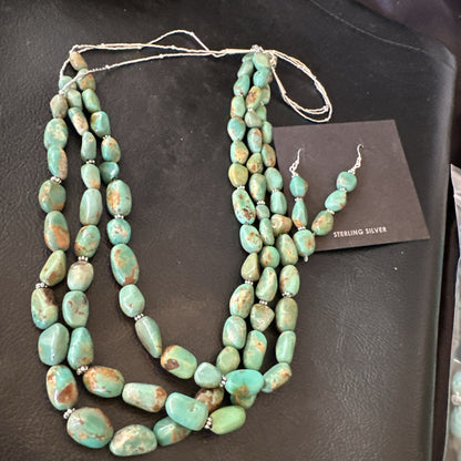 Green Turquoise Heishi 3S Navajo Sterling Silver 22" Necklace Earrings 18568