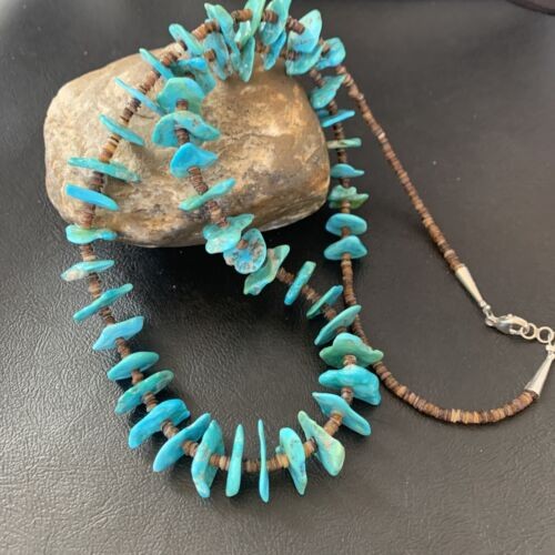 Navajo Sterling Silver Kingman Turquoise Shell Necklace 26" 11817