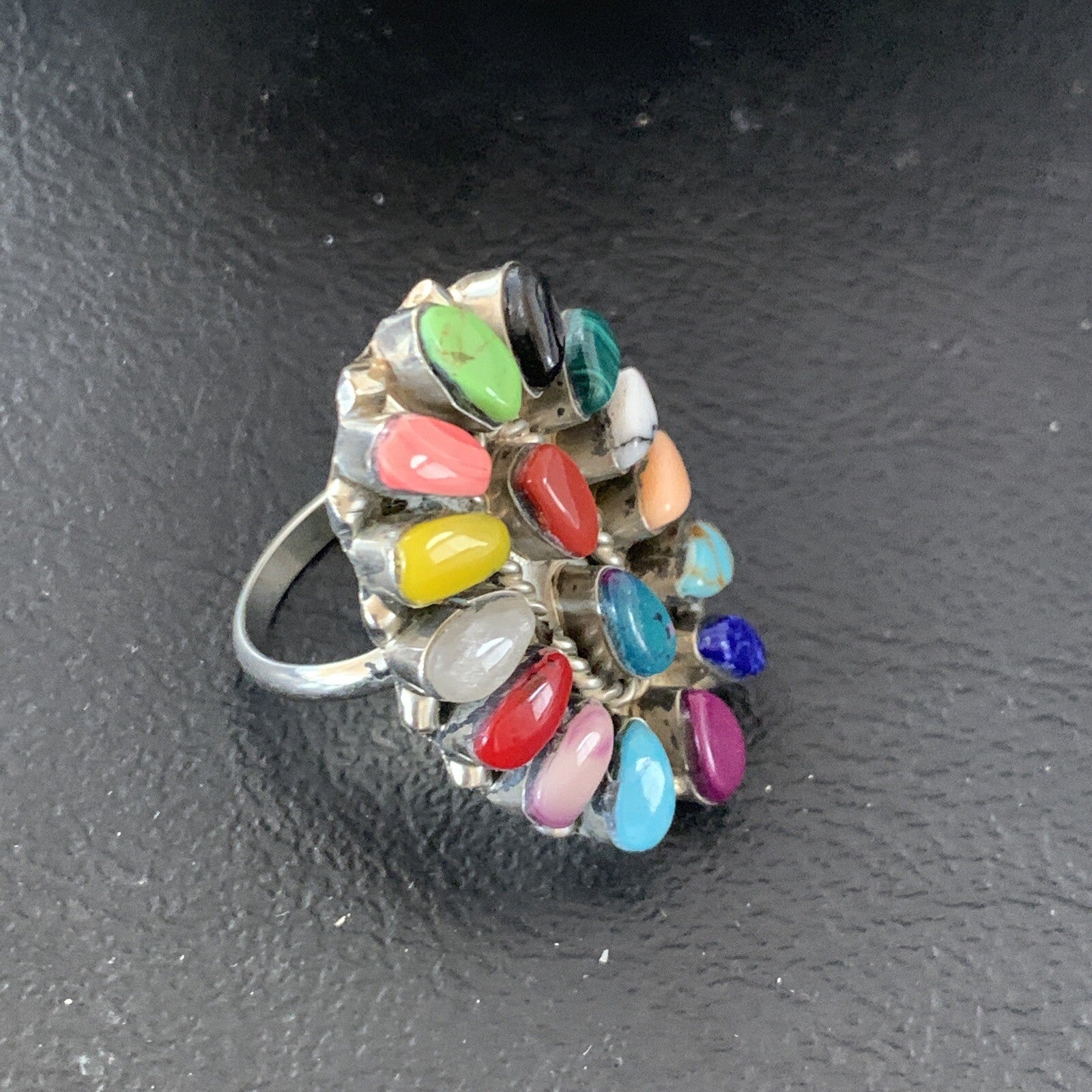 Onyx Lapis Turquoise & Gaspiete Navajo Sterling Silver Inlay Ring Size 8 11960