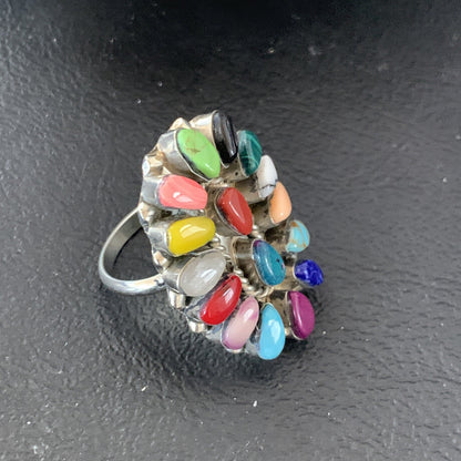 Onyx Lapis Turquoise & Gaspiete Navajo Sterling Silver Inlay Ring Size 8 11960