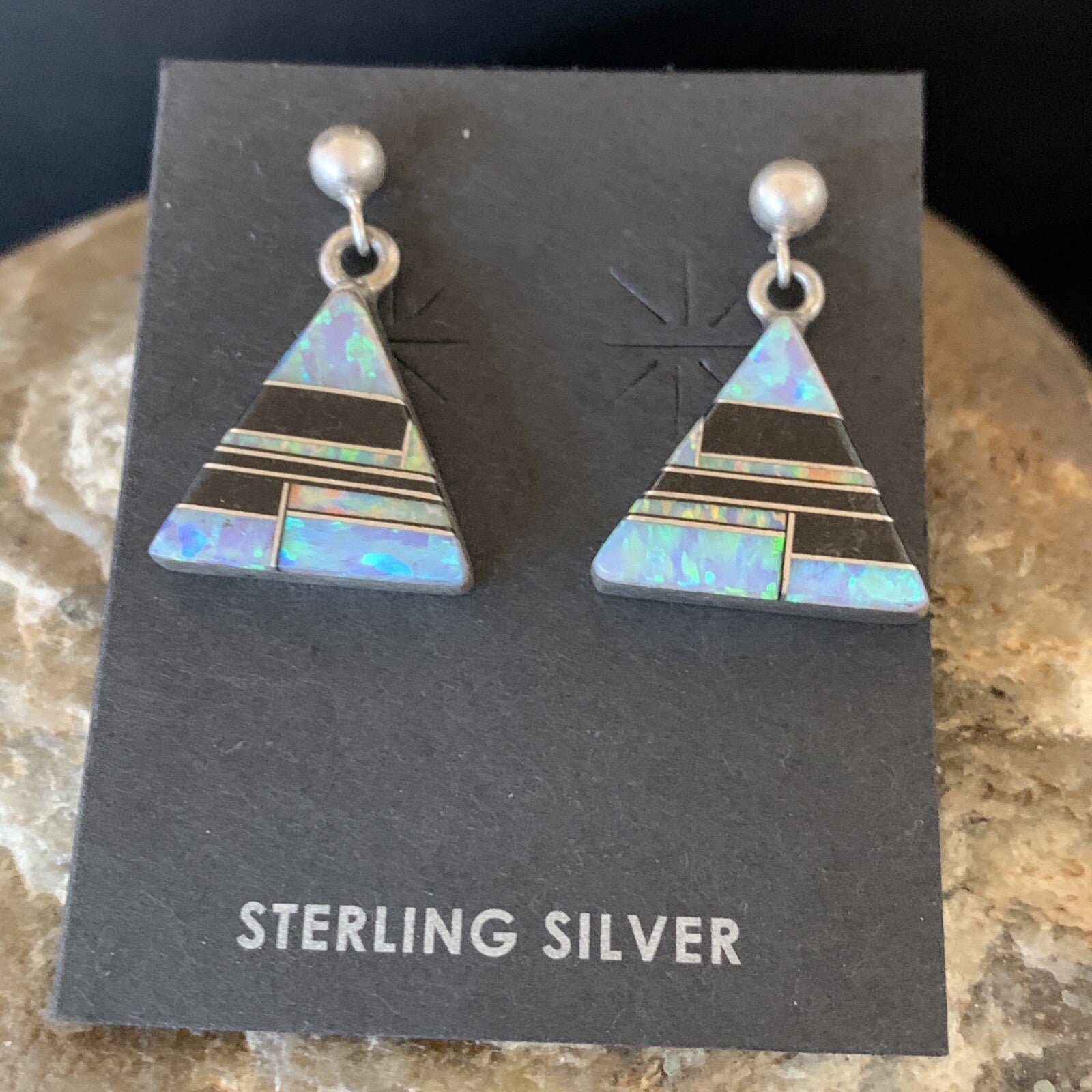 Womens Blue Opal & Black Onyx Inlay Navajo Sterling Silver Earrings 12781