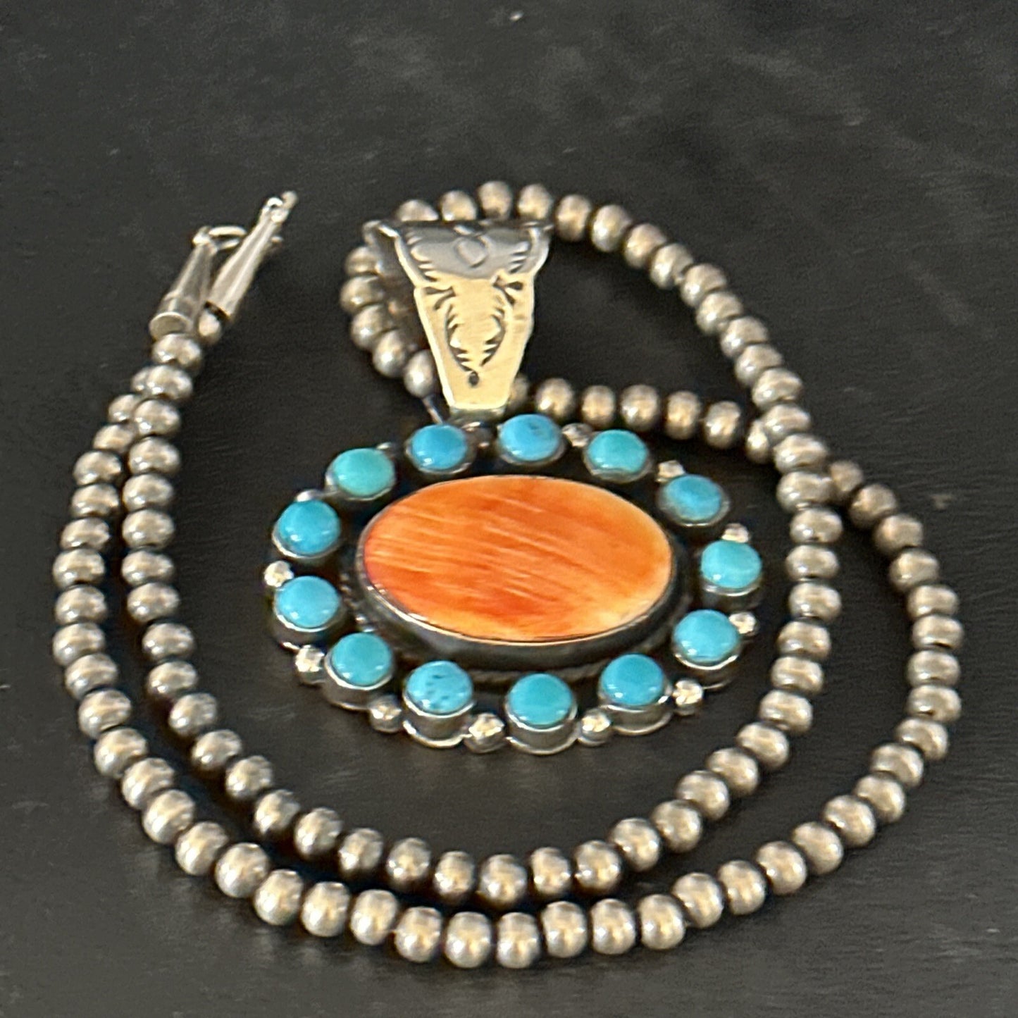 Blue Cluster Kingman Turquoise Sterling Orange Spiny Oyster Pendant 14353