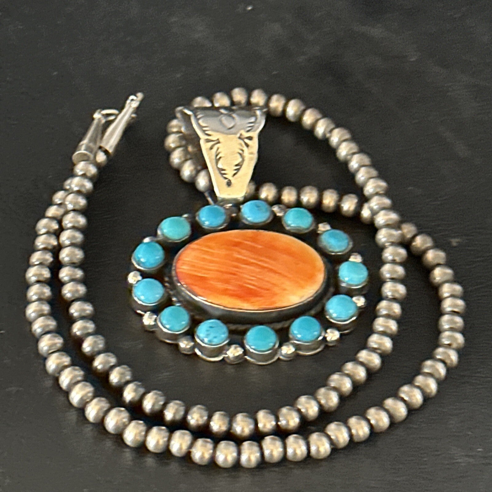 Blue Cluster Kingman Turquoise Sterling Orange Spiny Oyster Pendant 14353