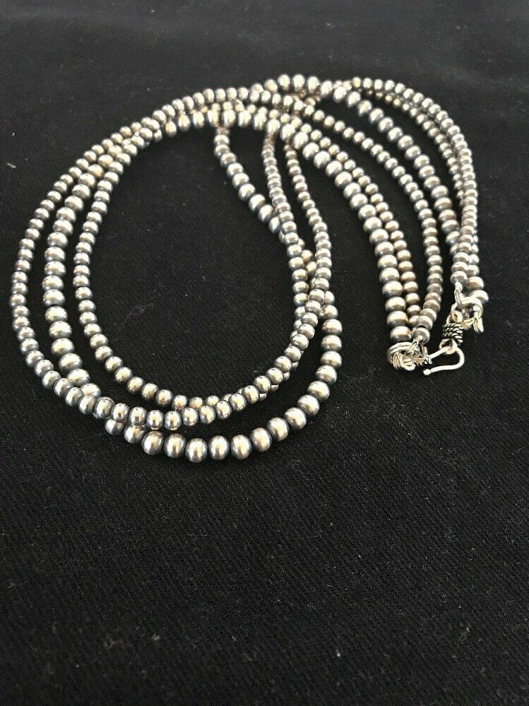 Native American 4, 5, 6 mm Sterling Silver Beads 3 Strand 36” Necklace