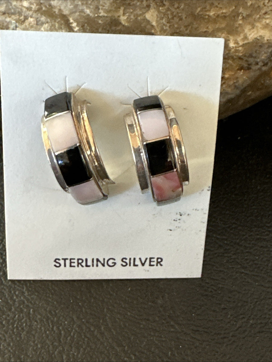 Pink Queen Conch Black Onyx Sterling Silver Post  Inlay Hoop Earrings 19819