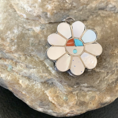 Mother Of Pearl Turquoise Spiny Inlay Zuni Sterling Silver 2 Sided Pendant 1683