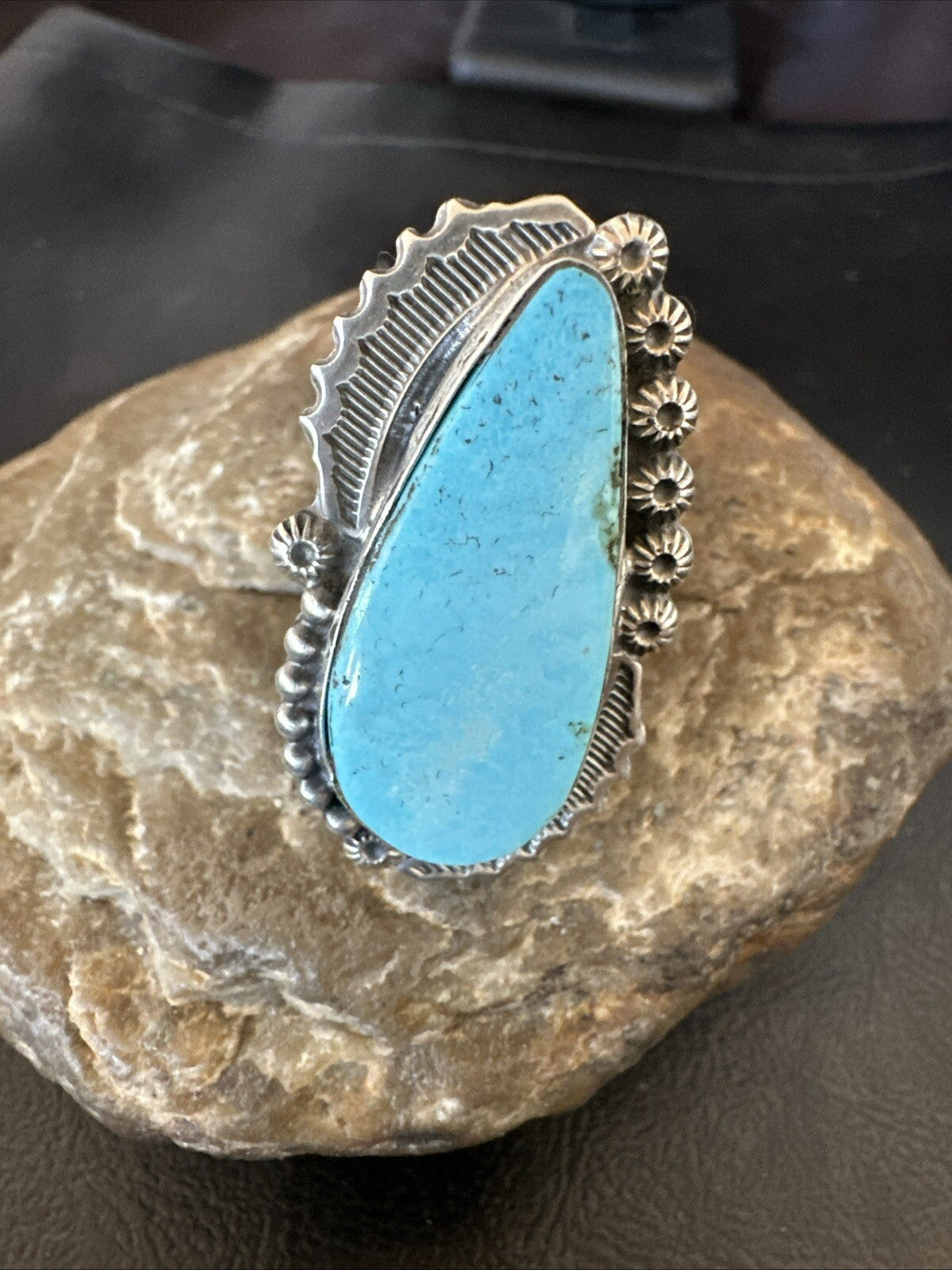 Navajo Sterling Silver Blue Kingman Turquoise Adjustable Ring Sz 7 18772