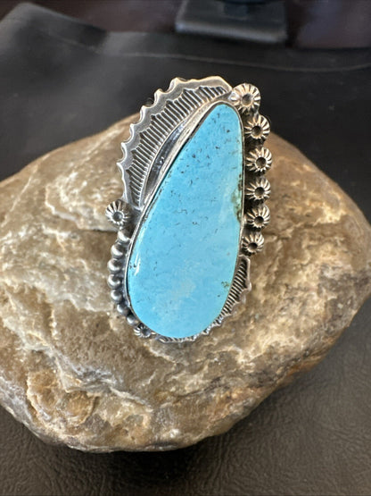 Navajo Sterling Silver Blue Kingman Turquoise Adjustable Ring Sz 7 18772