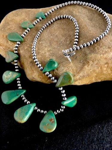 Navajo Green Turquoise Teardrop Necklace Sterling Silver Handmade 8744
