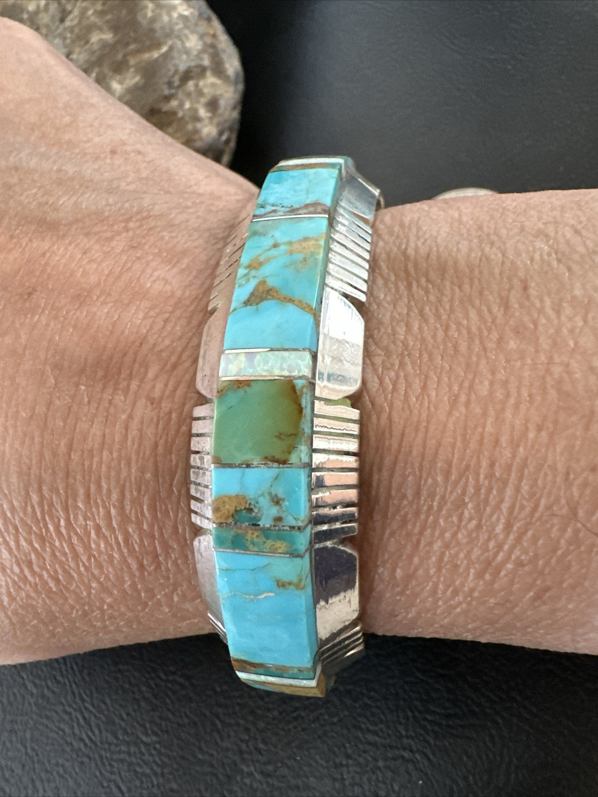 Blue Turquoise Opal Navajo Sterling Silver Cuff Inlay Bracelet 17958