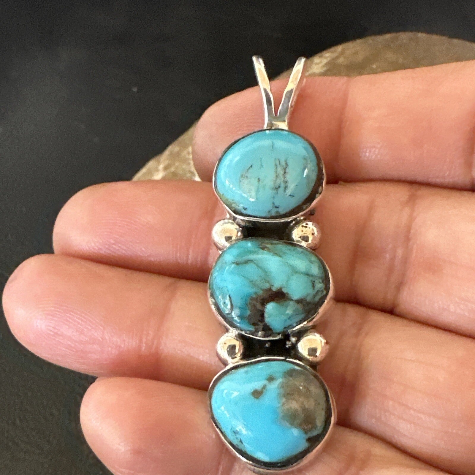 Blue Turquoise 3 Stone Navajo Sterling Silver Cluster Pendant Only 18347