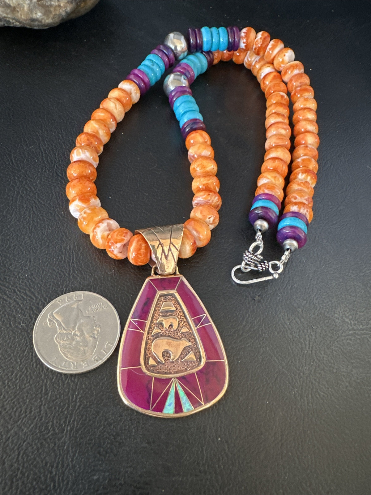 Turquoise Purple Ston Spiny Bronze Pendant Navajo Sterling Silver Necklace 14990