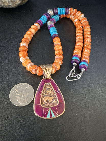 Turquoise Purple Ston Spiny Bronze Pendant Navajo Sterling Silver Necklace 14990