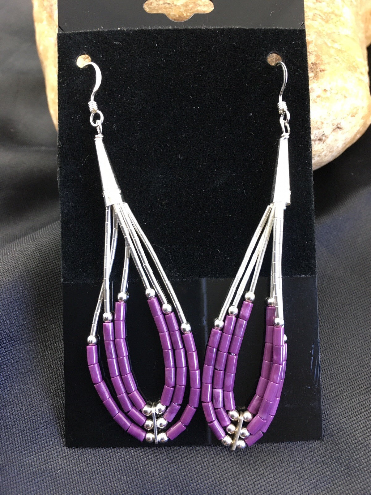 Purple Stone 3 Strand Heishi Liquid Sterling Silver Dangle Earrings 01985