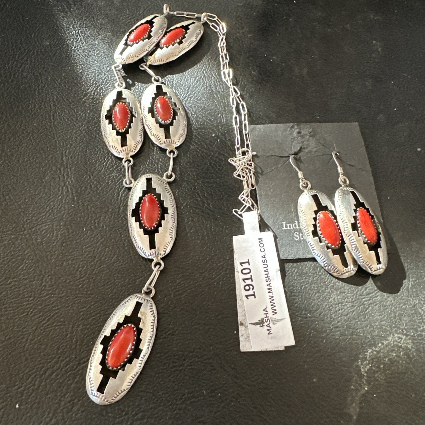 Old Native Navajo Red Coral Sterling Silver Shadowbox Necklace Earrings 18”19101