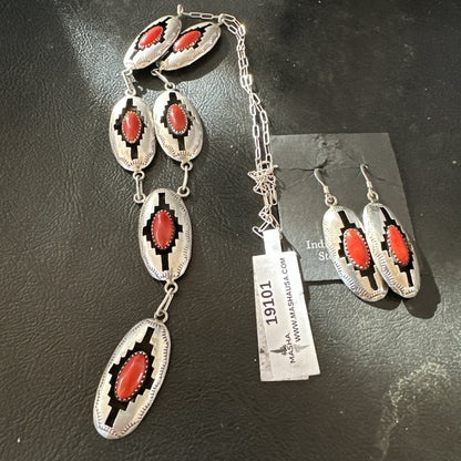 Old Native Navajo Red Coral Sterling Silver Shadowbox Necklace Earrings 18”19101
