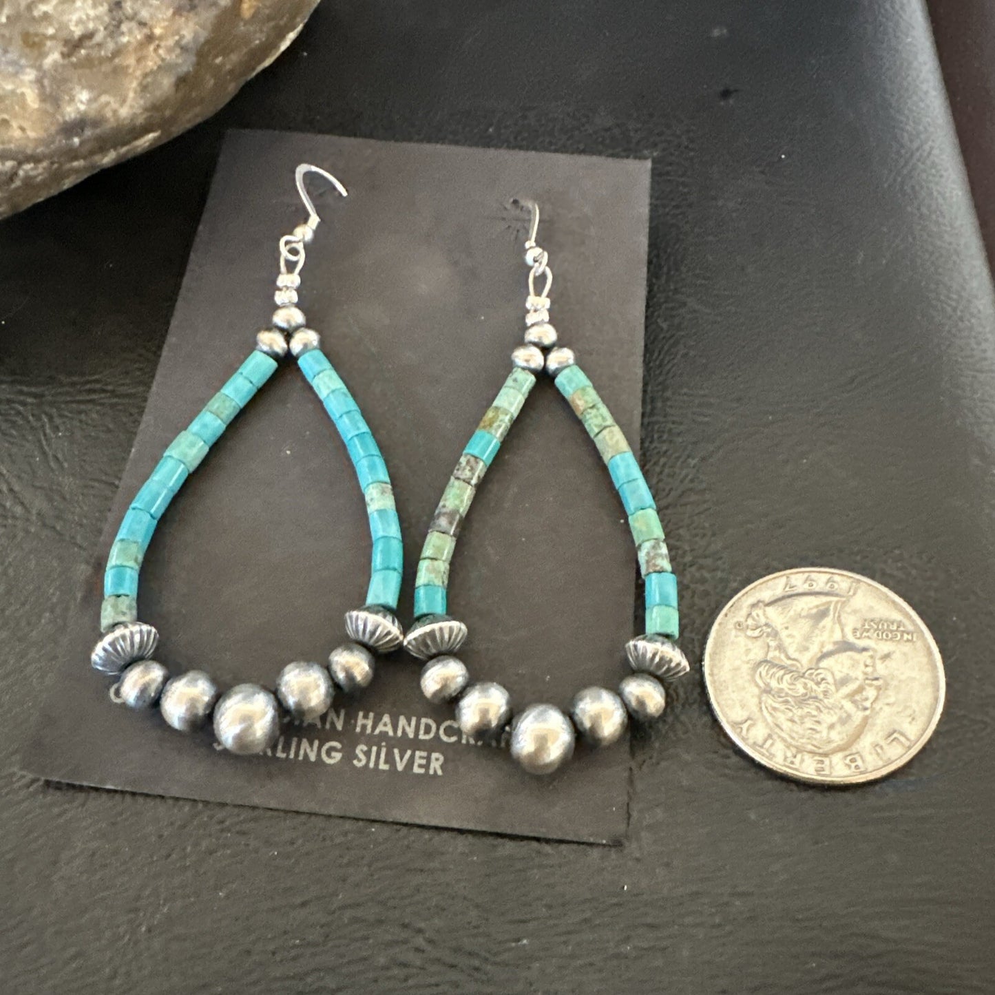 Blue Turquoise Heishi Sterling Silver Beads Navajo Beads Earrings 2" 17873